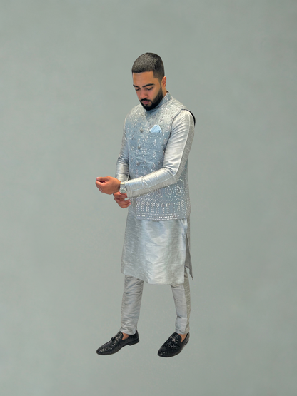 Silver Grey Embroidered Nehru Jacket