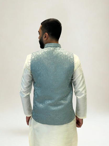 Aqua Blue Brocade Nehru Jacket