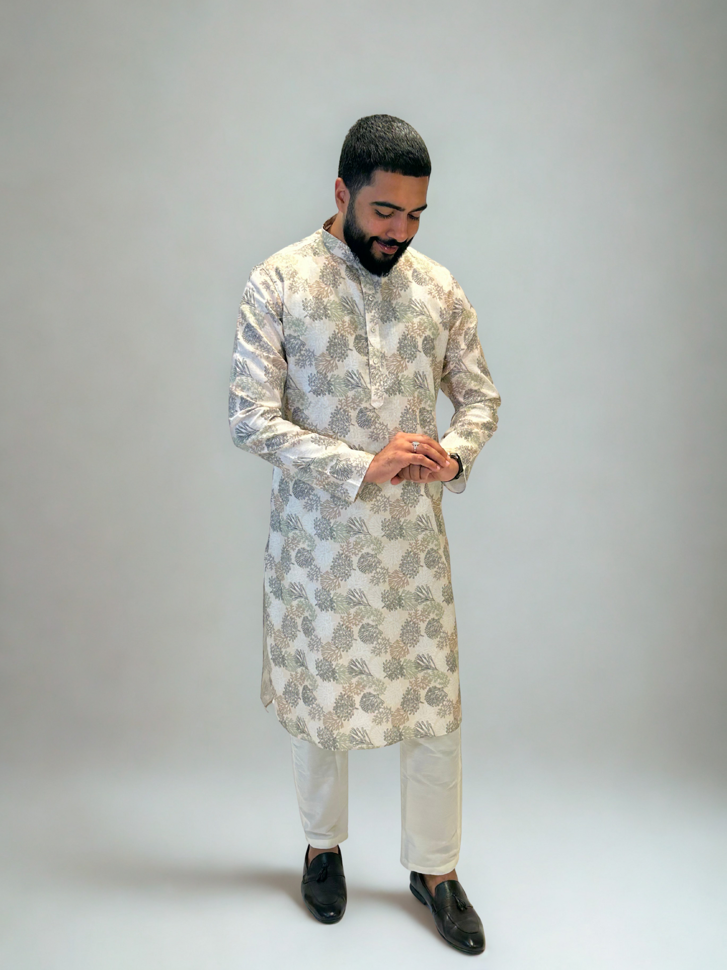Ivory Pastel Printed Linen Kurta Set