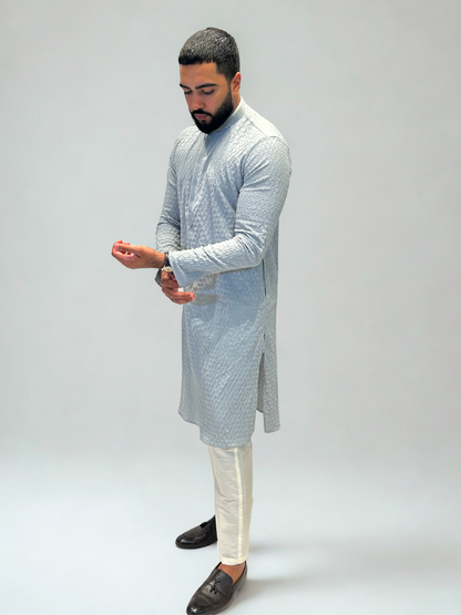 Silver Grey Thread Self-Jaal Patterned Kurta Set