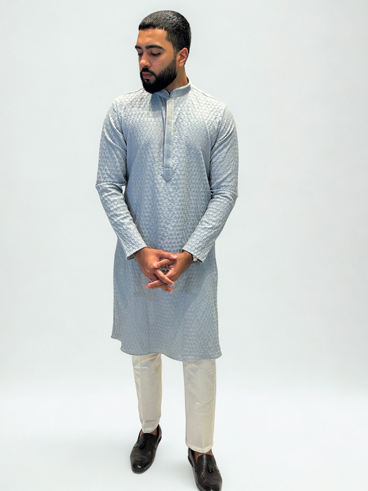 Silver Grey Thread Self-Jaal Patterned Kurta Set