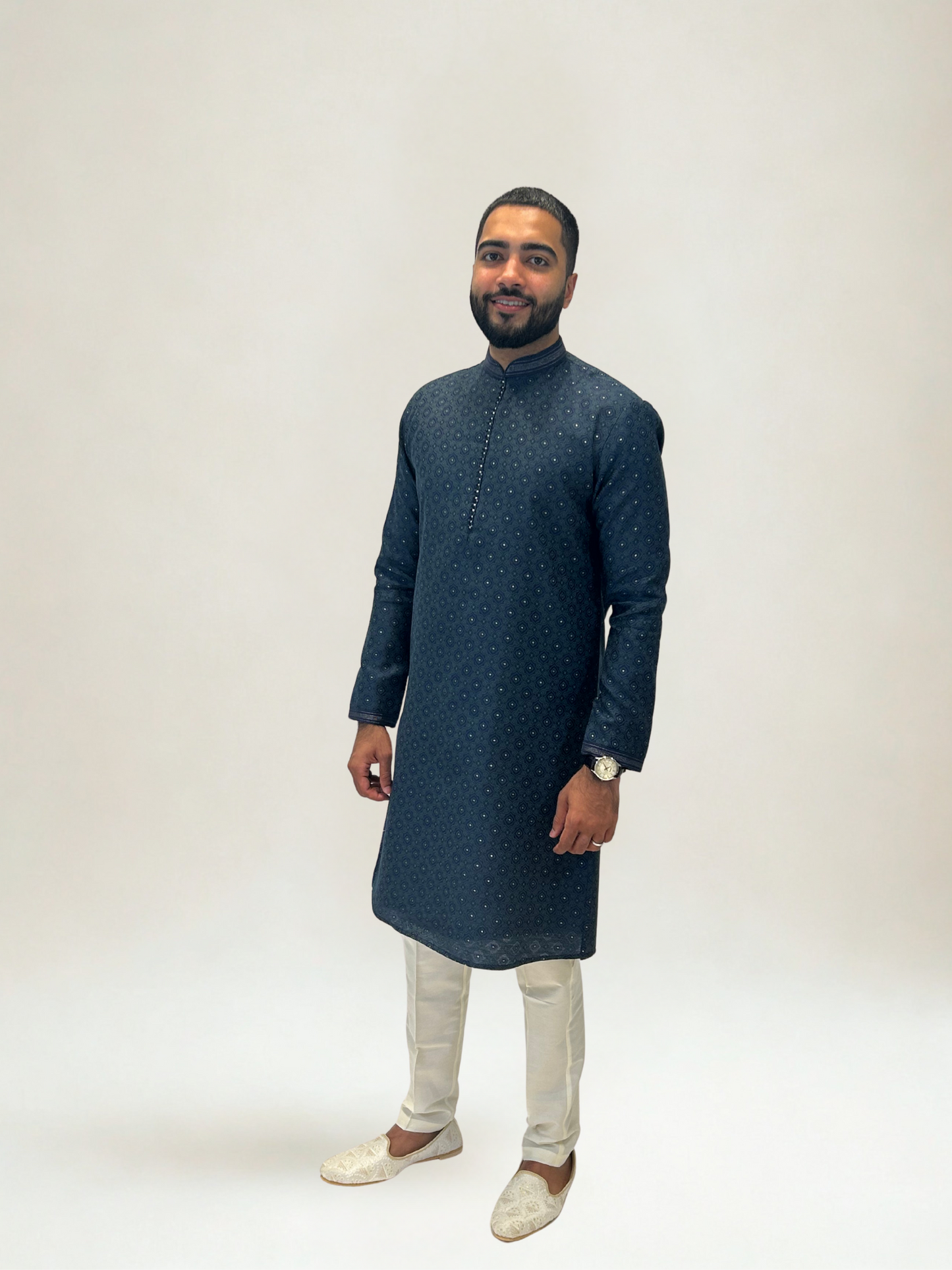 Navy & Green Patterned Kurta Set
