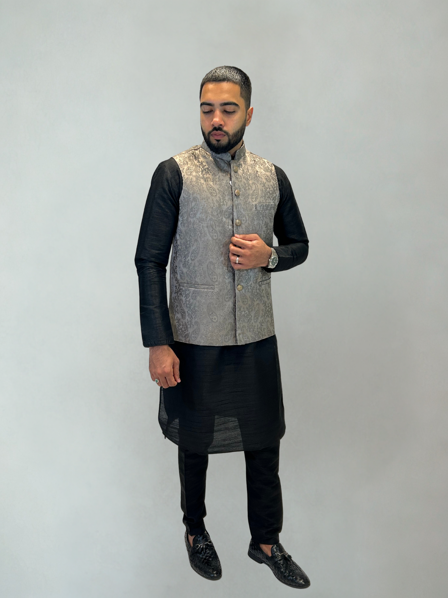 Grey Paisley Patterned Nehru Jacket