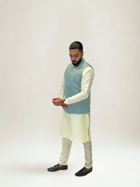 Aqua Blue Brocade Nehru Jacket