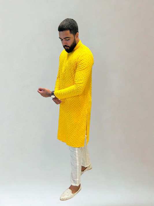 Yellow Thread and Sequin Kurta Pajama Set