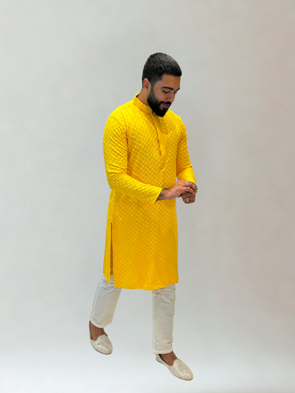 Yellow Thread and Sequin Kurta Pajama Set