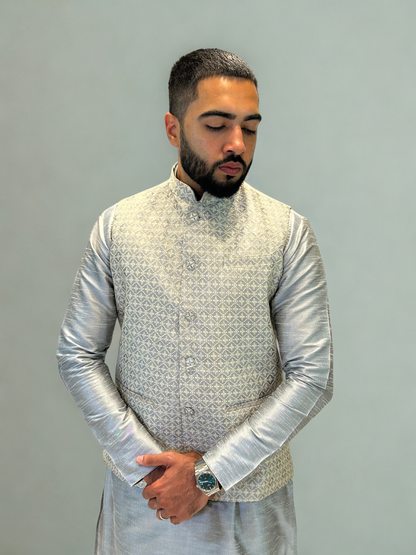 Silver Grey Patterned Nehru Jacket