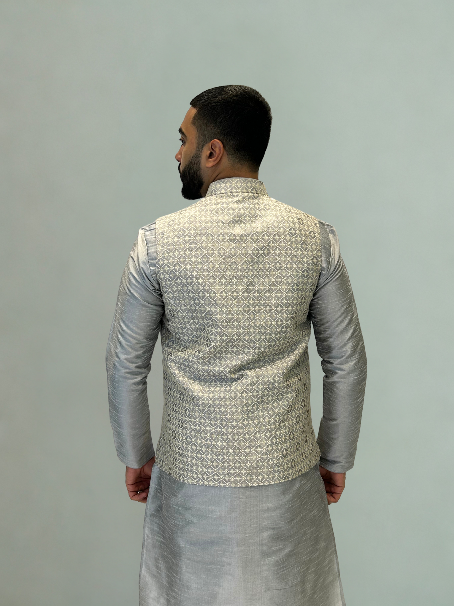 Silver Grey Patterned Nehru Jacket