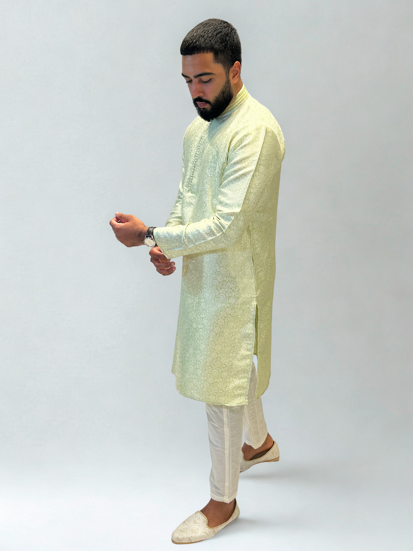 Light Pista Green Self-Patterned Kurta Pajama Set