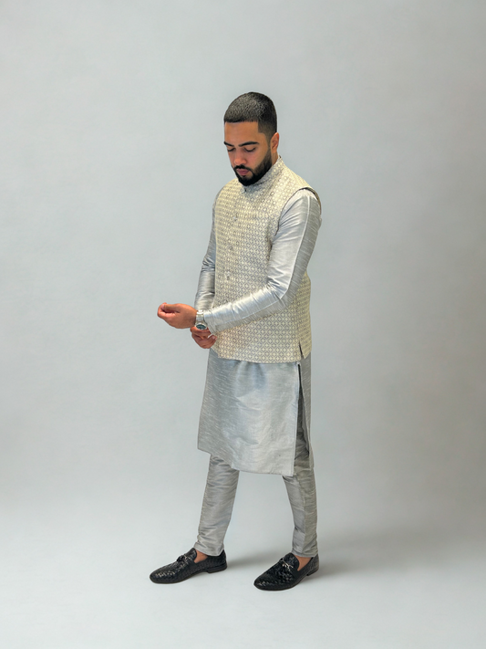 Silver Grey Patterned Nehru Jacket