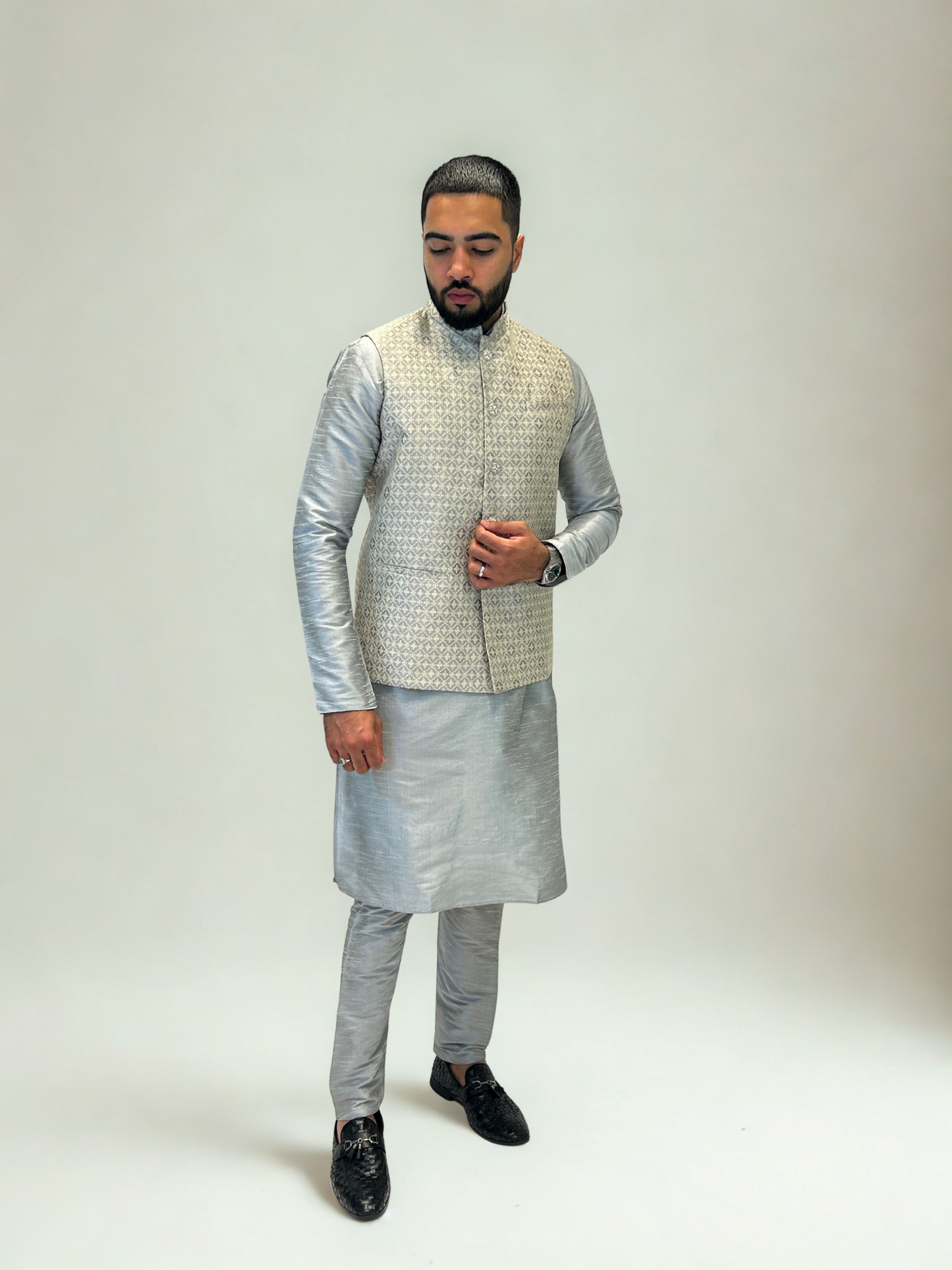 Silver Grey Patterned Nehru Jacket