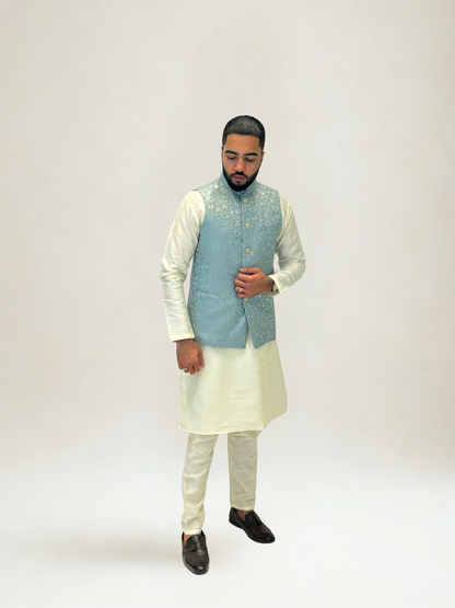 Aqua Blue Brocade Nehru Jacket