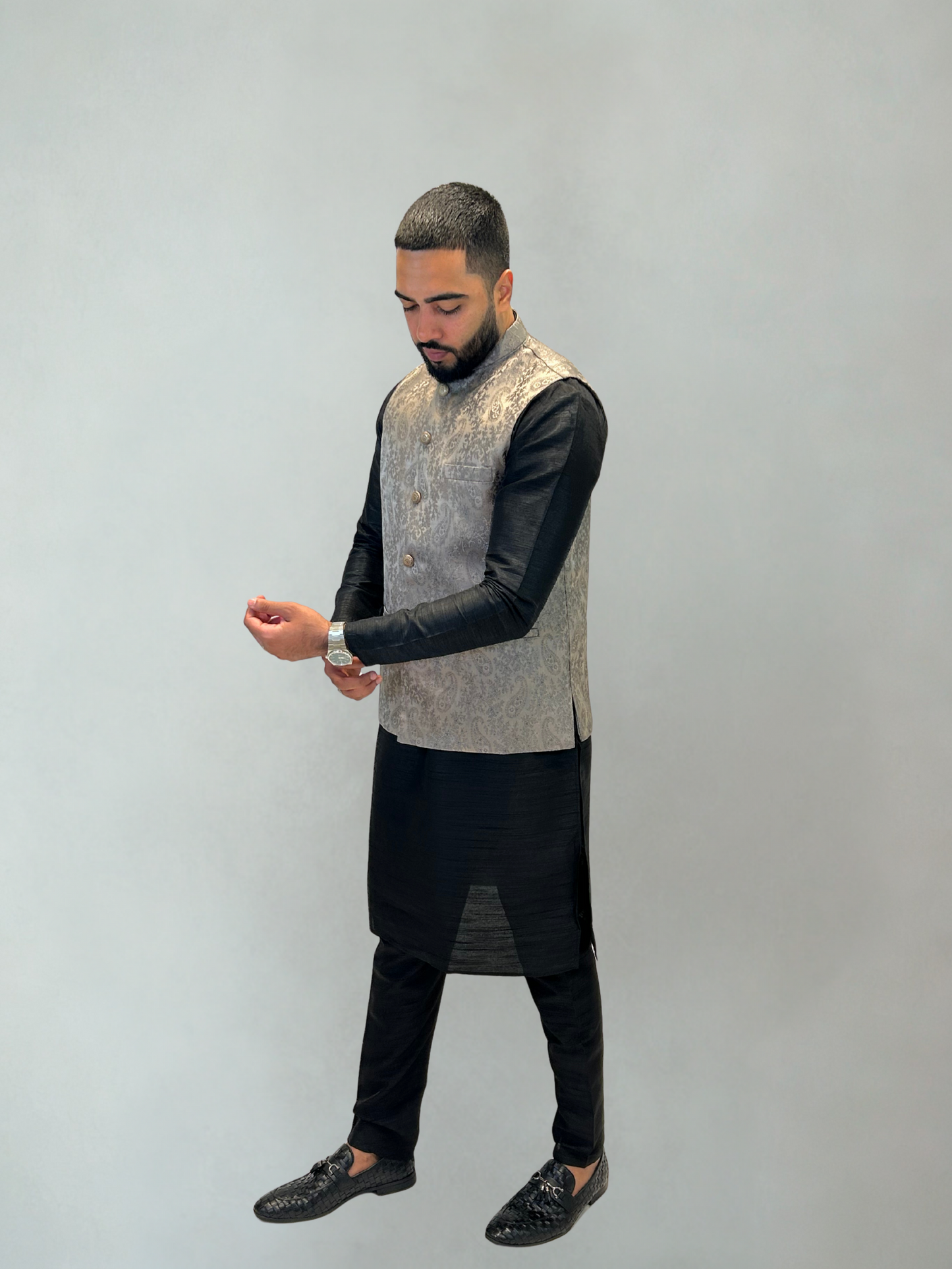 Grey Paisley Patterned Nehru Jacket