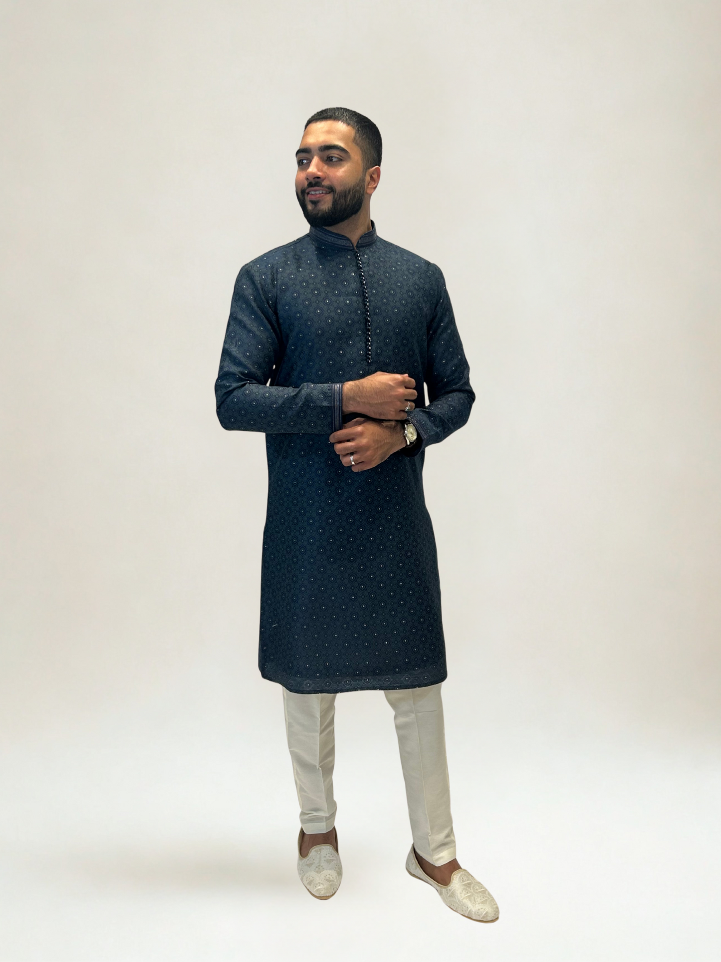 Navy & Green Patterned Kurta Set