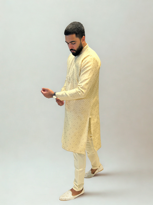 Beige Mirror Embroidered Kurta Pajama Set