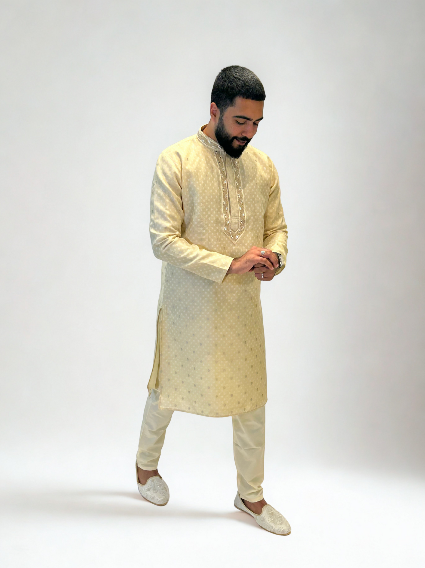 Beige Mirror Embroidered Kurta Pajama Set