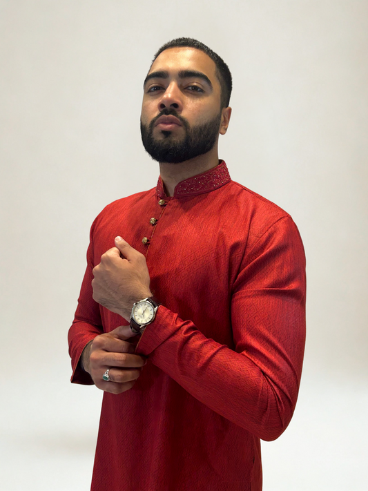 Red Neck Work Kurta Set