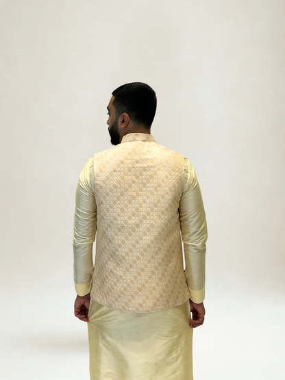 Peach Gold Self-Patterned Nehru Jacket