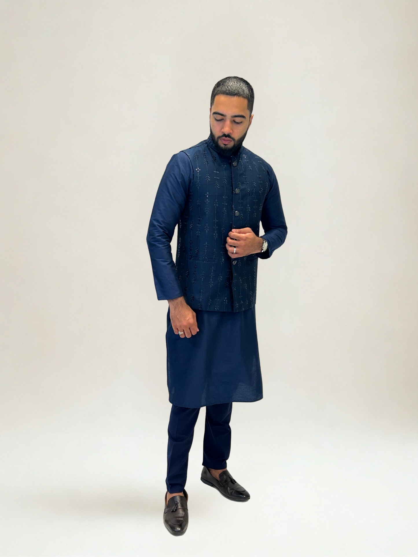 Navy Embroidered Nehru Jacket