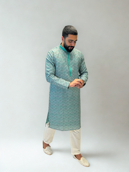 Green Ikat Pattern Kurta Set