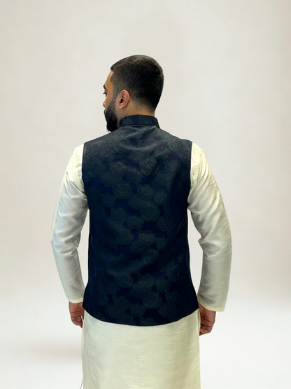 Navy Floral Jacquard Nehru Jacket
