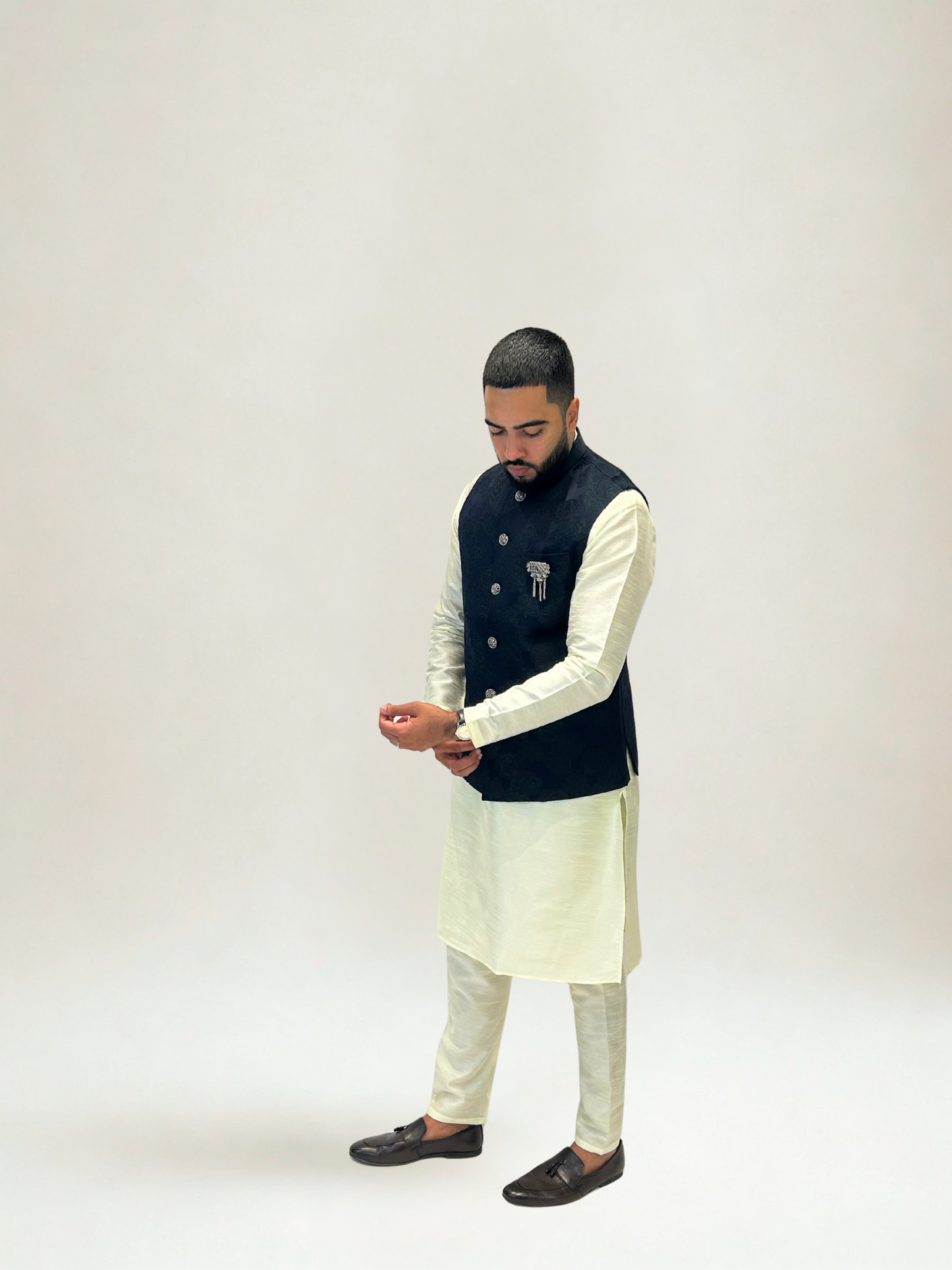 Navy Floral Jacquard Nehru Jacket