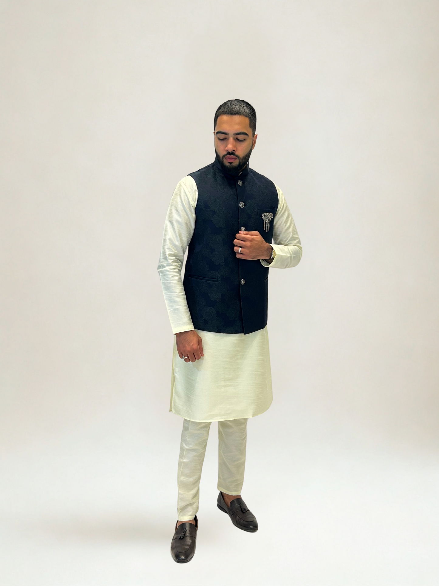 Navy Floral Jacquard Nehru Jacket
