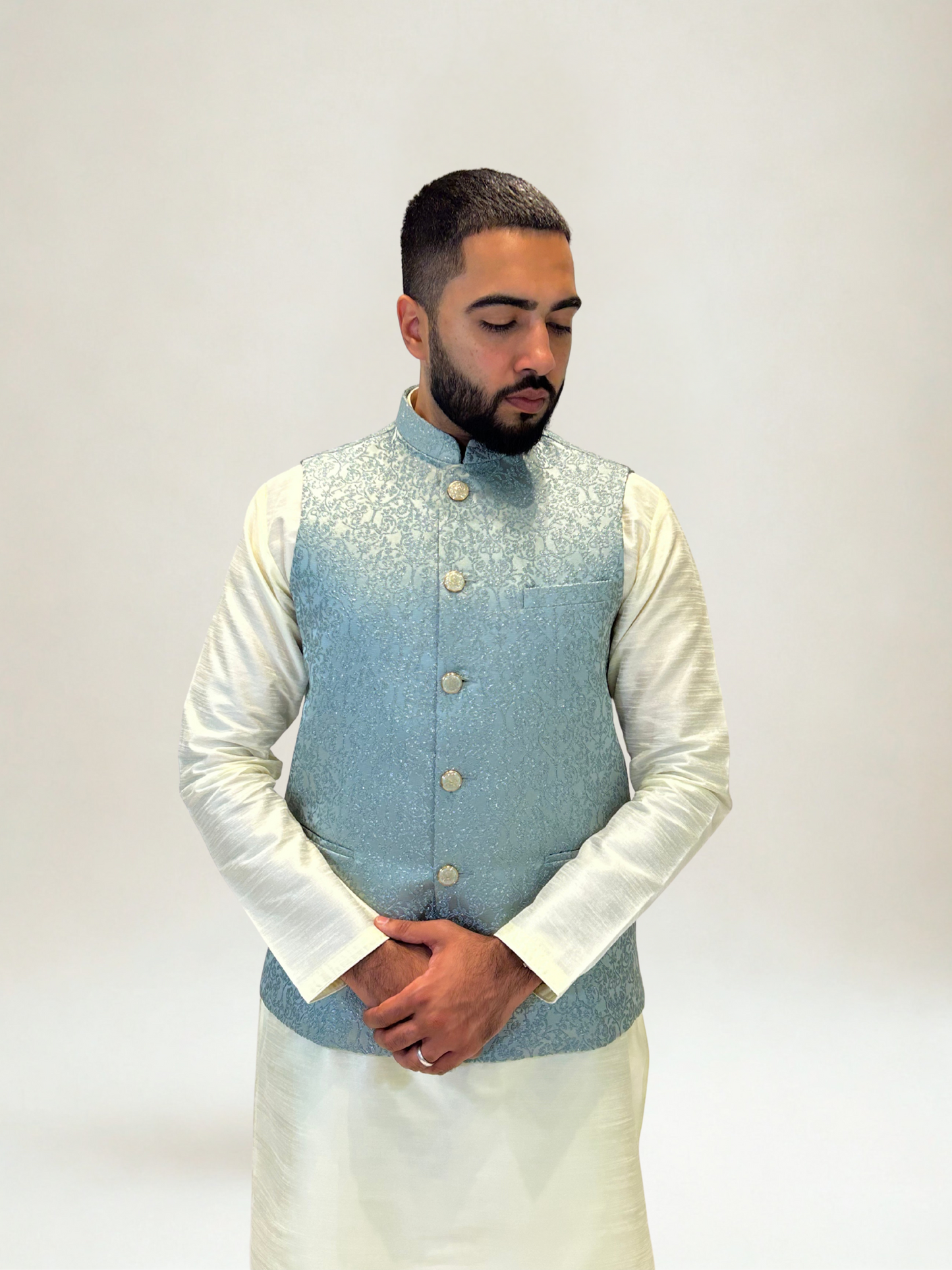 Aqua Blue Brocade Nehru Jacket