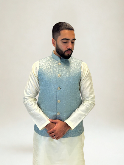 Aqua Blue Brocade Nehru Jacket
