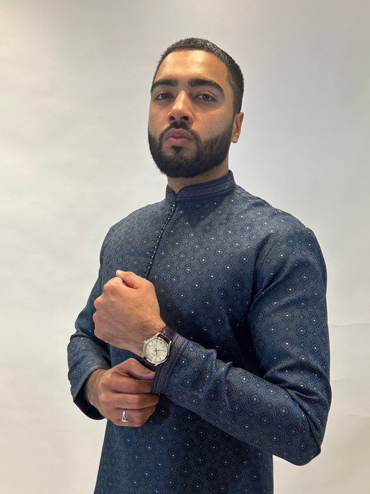 Navy & Green Patterned Kurta Set