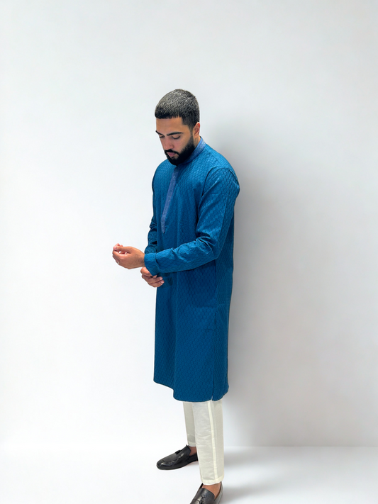 Teal Thread Self-Jaal Patterned Kurta Set