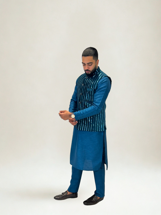 Teal Velvet Sequin Nehru Jacket