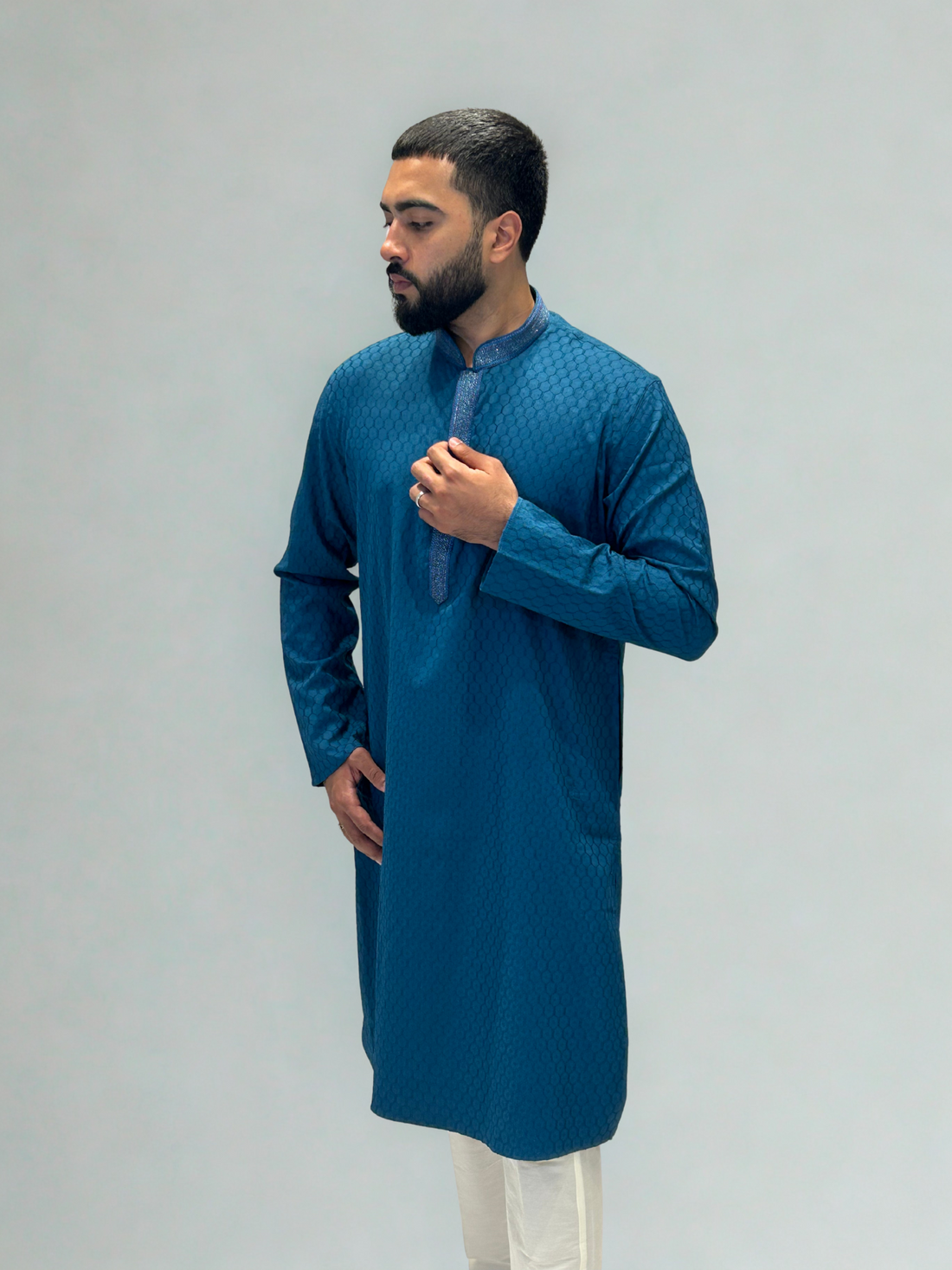 Teal Thread Self-Jaal Patterned Kurta Set