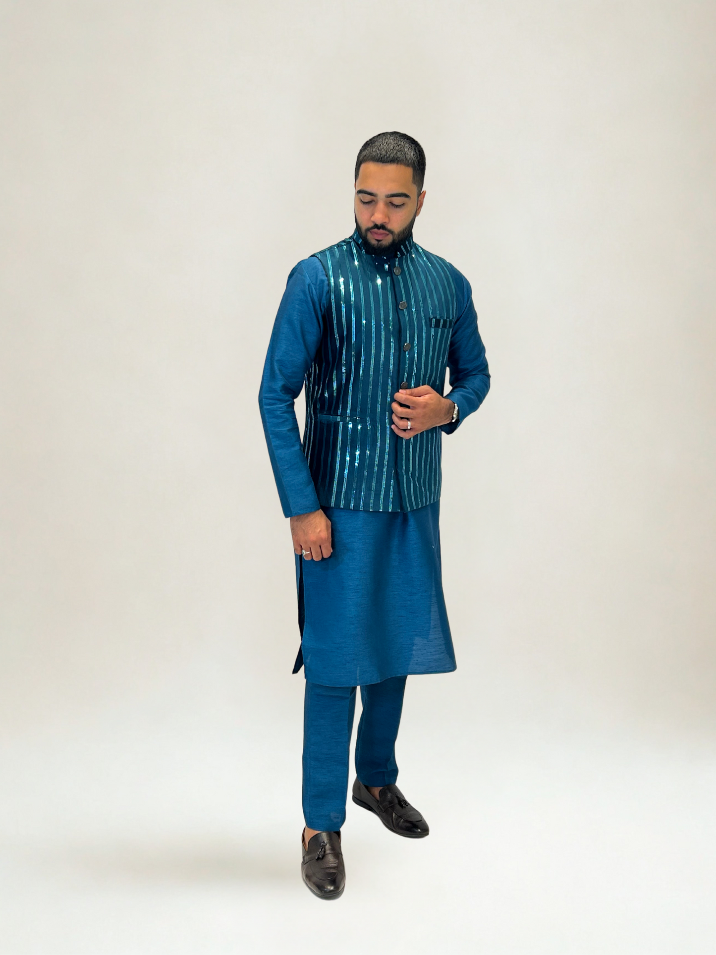 Teal Velvet Sequin Nehru Jacket