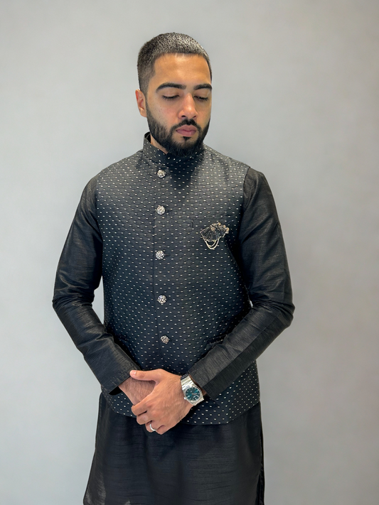 Black Self-Patterned Nehru Jacket