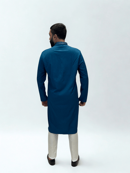 Teal Thread Self-Jaal Patterned Kurta Set