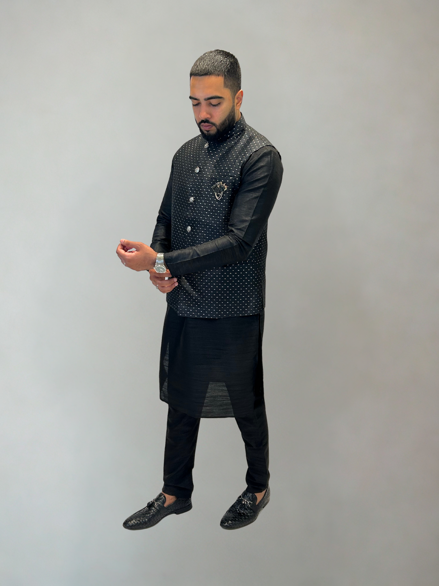 Black Self-Patterned Nehru Jacket
