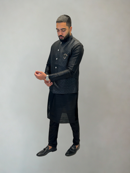 Black Self-Patterned Nehru Jacket