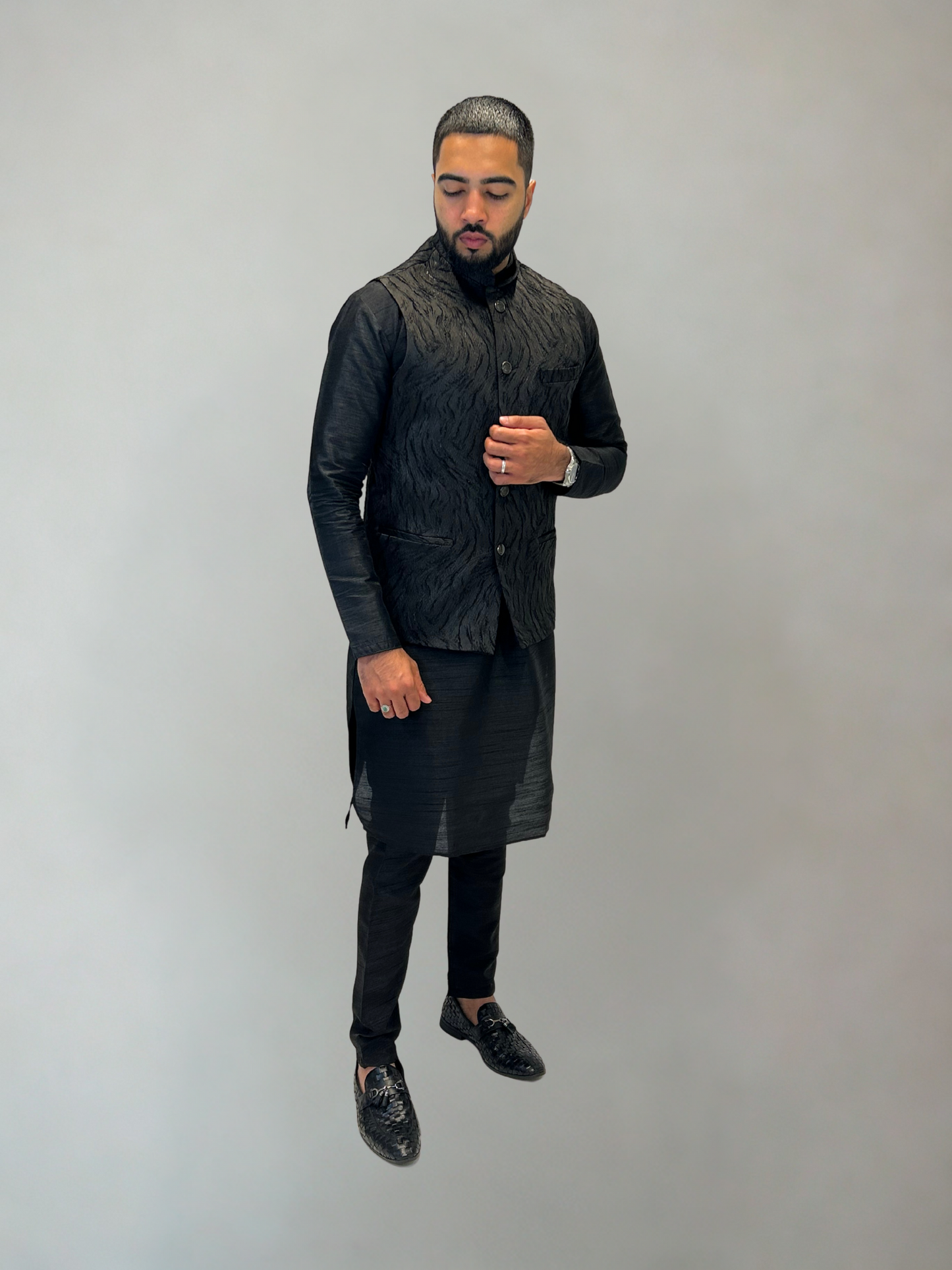 Black Self-Patterned Nehru Jacket