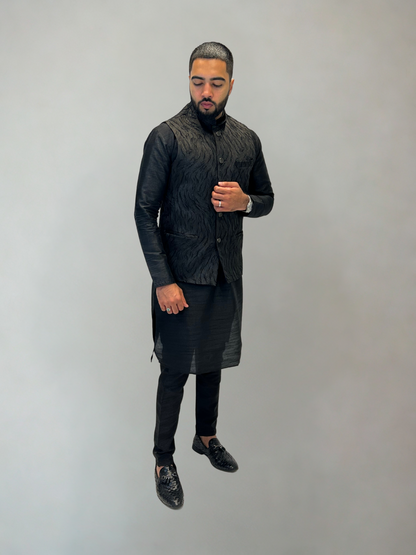 Black Self-Patterned Nehru Jacket
