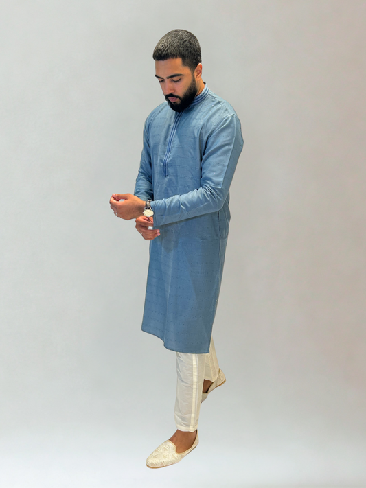 Grey Blue Thread and Sequin Kurta Set