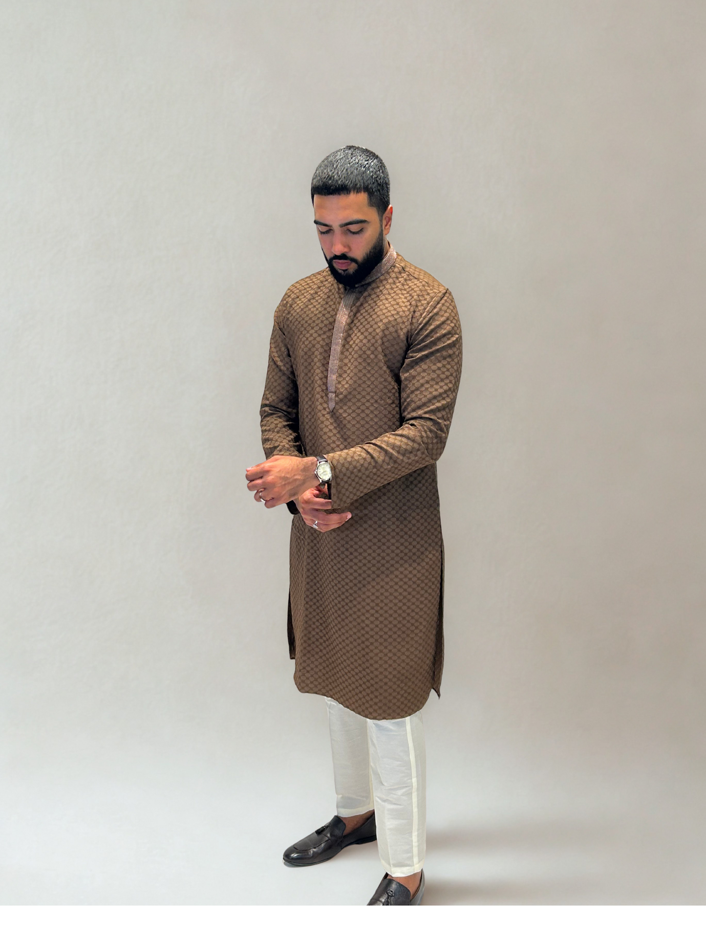 Mocha Brown Self-Jaal Patterned Kurta Set