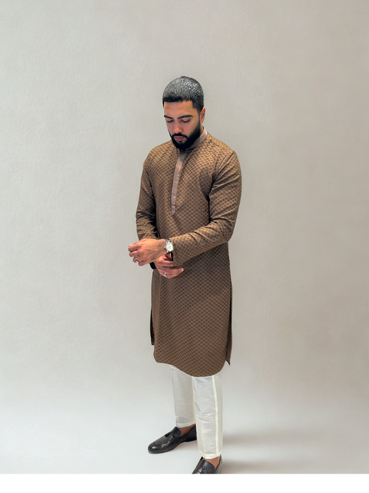 Mocha Brown Self-Jaal Patterned Kurta Set