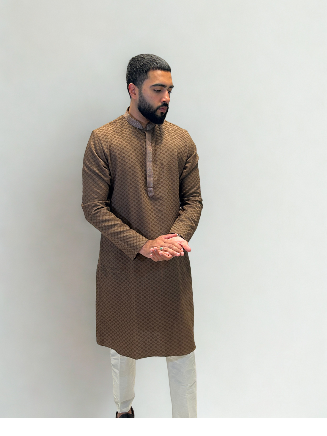 Mocha Brown Self-Jaal Patterned Kurta Set