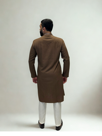 Mocha Brown Self-Jaal Patterned Kurta Set