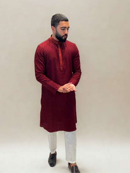 Maroon Self-Jaal Patterned Kurta Set