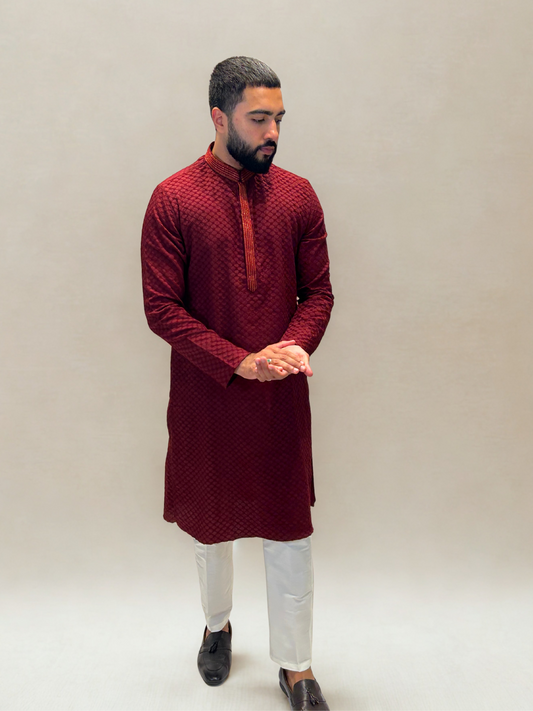 Maroon Self-Jaal Patterned Kurta Set