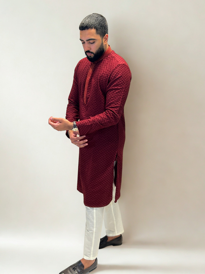 Maroon Self-Jaal Patterned Kurta Set