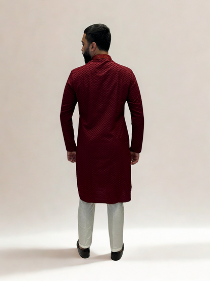 Maroon Self-Jaal Patterned Kurta Set