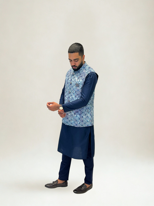 Blue Printed Nehru Jacket